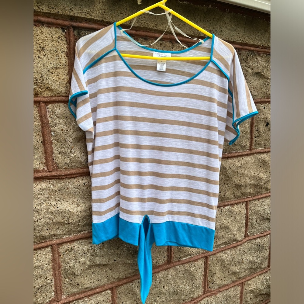 Allison Brittney Women large blouse tan/blue striped